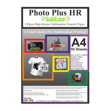 50 sheets PhotoPlus HR, A4 High Release, Multi-Surface Sublimation Transfer Paper - 120gsm.
